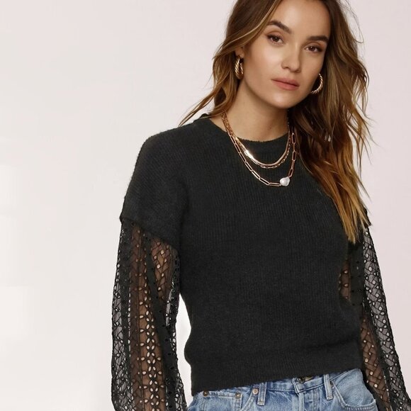 NWT Heartloom black knit sweater w/ contrasting eyelet sleeves, XS - Picture 3 of 9